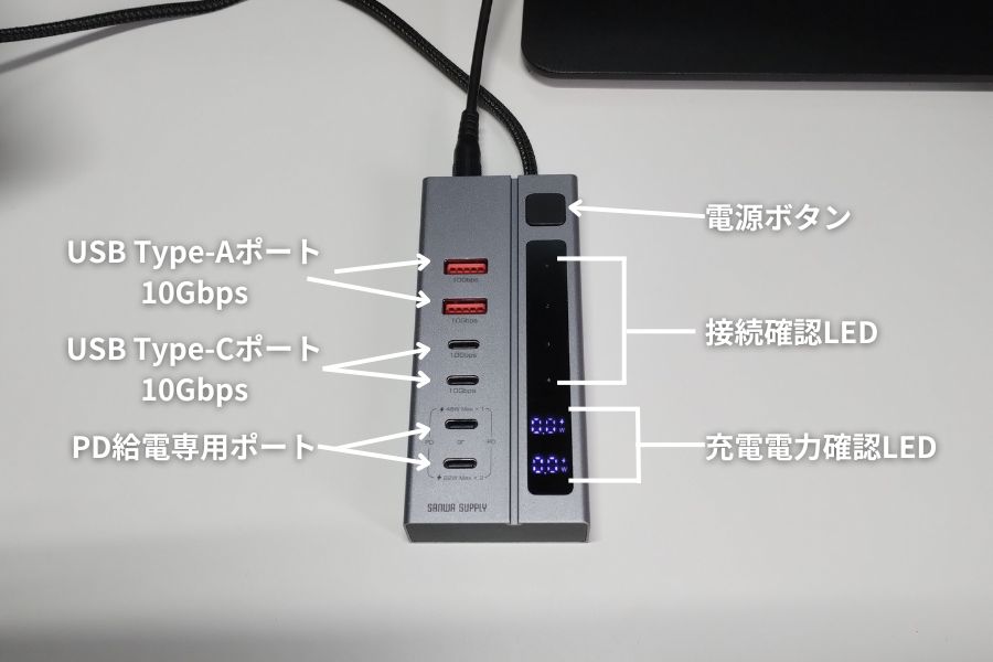 サンワダイレクト 400-HUBC35GM セルフパワーUSBハブのUSBポートの種類と規格